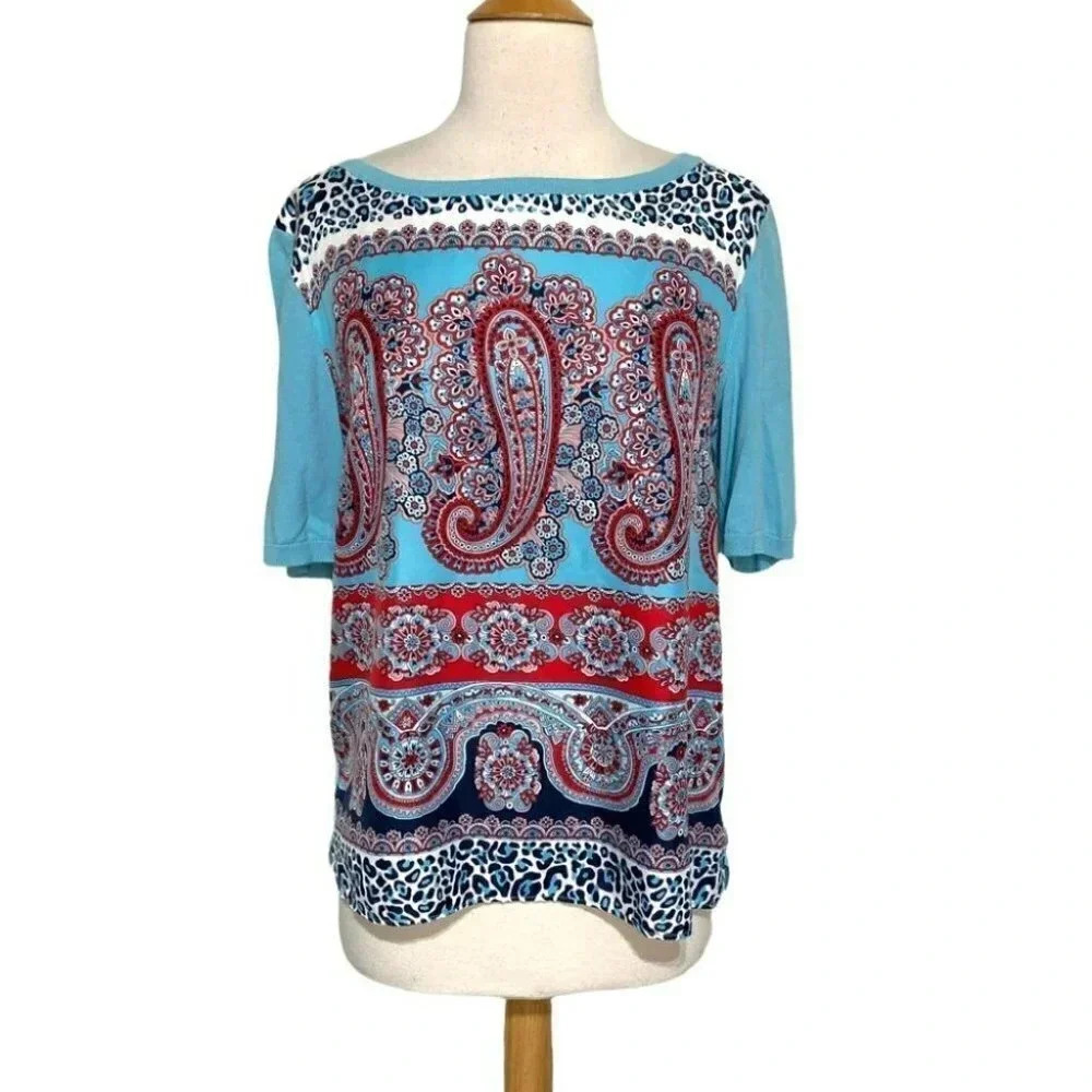 Talbots Mixed Media Top M Blue Paisley Leopard Print‎ Short Sleeve Knit Shirt